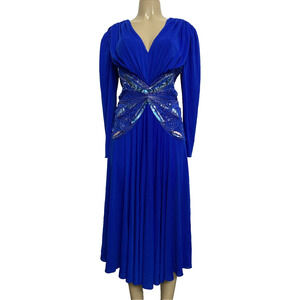 VTG Casadei Dress Royal Blue Sequin Long Sleeve V Neck Embellished Butterfly 12